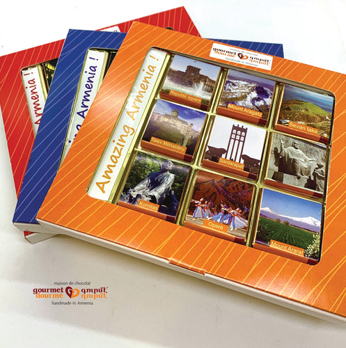 Milk chocolate squares showing Armenia's sightseeing places packaged in the three colors of the Armenian flag: red, blue, and orange