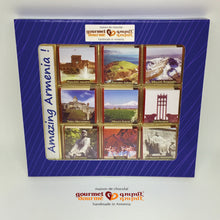 Load image into Gallery viewer, Milk chocolate squares showing Armenia&#39;s sightseeing places packaged in the three colors of the Armenian flag: red, blue, and orange
