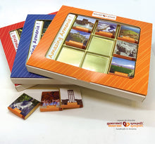 Load image into Gallery viewer, Milk chocolate squares showing Armenia&#39;s sightseeing places packaged in the three colors of the Armenian flag: red, blue, and orange
