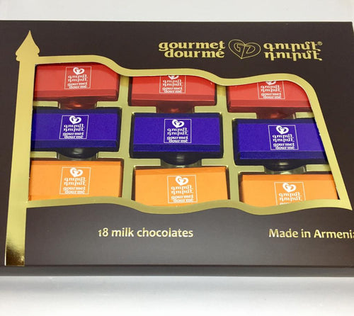 Milk chocolates in the colors of the Armenian flag., red, blue, and orange.