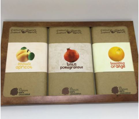 Set of 3 dark chocolate bars with dried apricots, pomegranate, and orange from Armenia