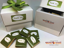 Load image into Gallery viewer, Square box with a "Thank You" message filled with milk and dark chocolates handmade in Armenia. Wrapped with green ribbon.
